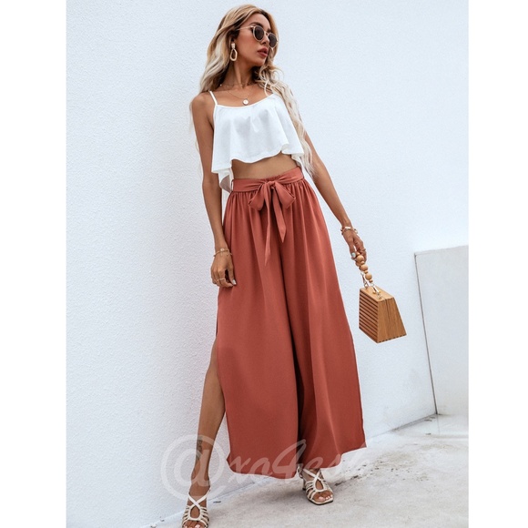 Rouge! Pants - 2 Piece Outfit: White Flowy Top and Burnt Orange Wide Pants